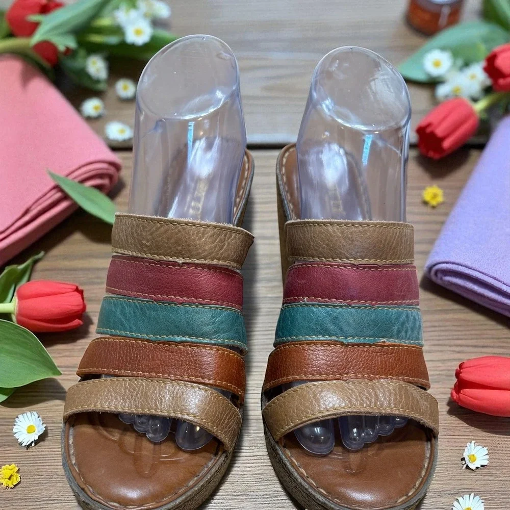 Born 🔥Kumi Leather🩷Multi-Color Boho Slip On Strappy Wedge Heels Size‎ 10